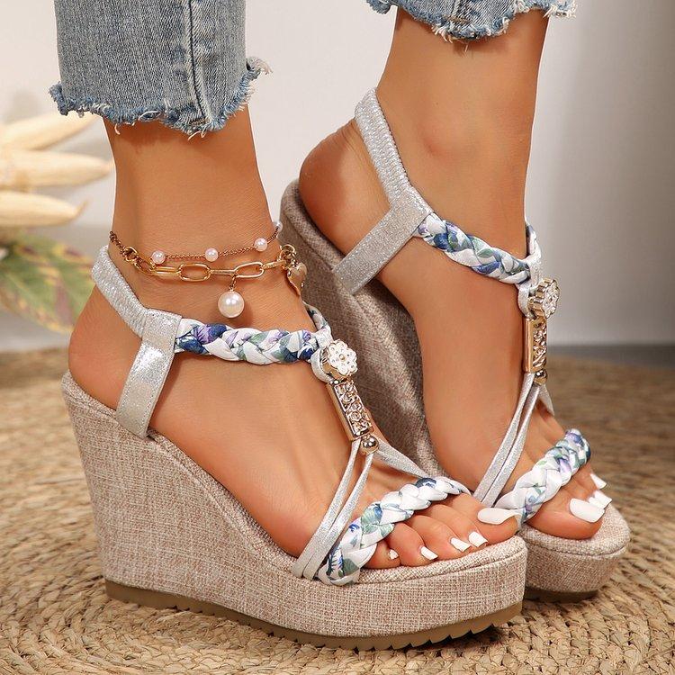 SyfIyno Summer New Thick Bottom Slope Heel Sandals Women's Woven Hemp Rope Elastic Band Bohemian Women's High Heels Six Styles