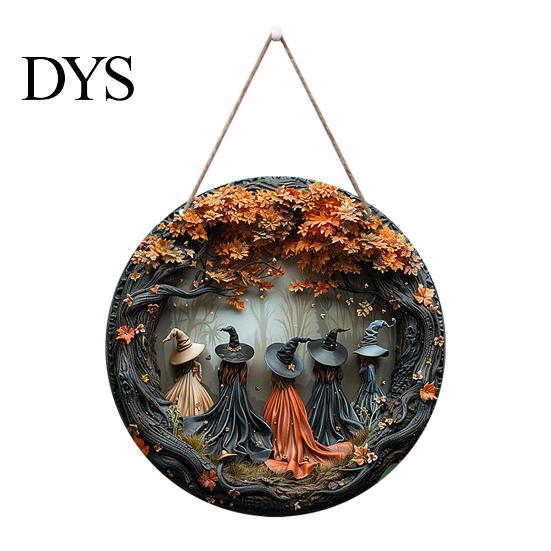 Outdoor Patio Decor Plaque Halloween Round Wooden Hanging Door Sign with 5 Witches, Decorative Boho Style Home Accent Wall for Front Porch Yard