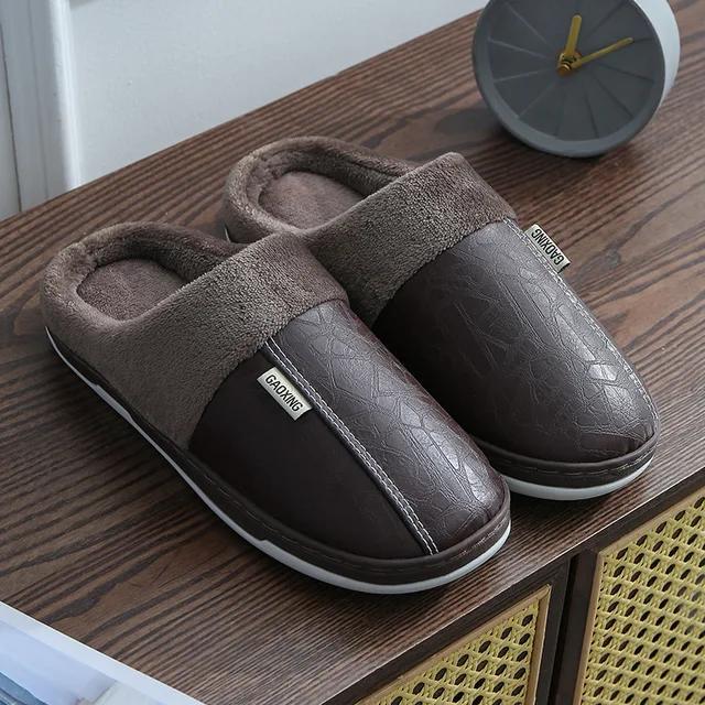 Men's Slippers for Home Use, Winter Indoor Warm Shoes, Thick Soled Plush Waterproof Leather for Home Use, Couple's Cotton Shoes