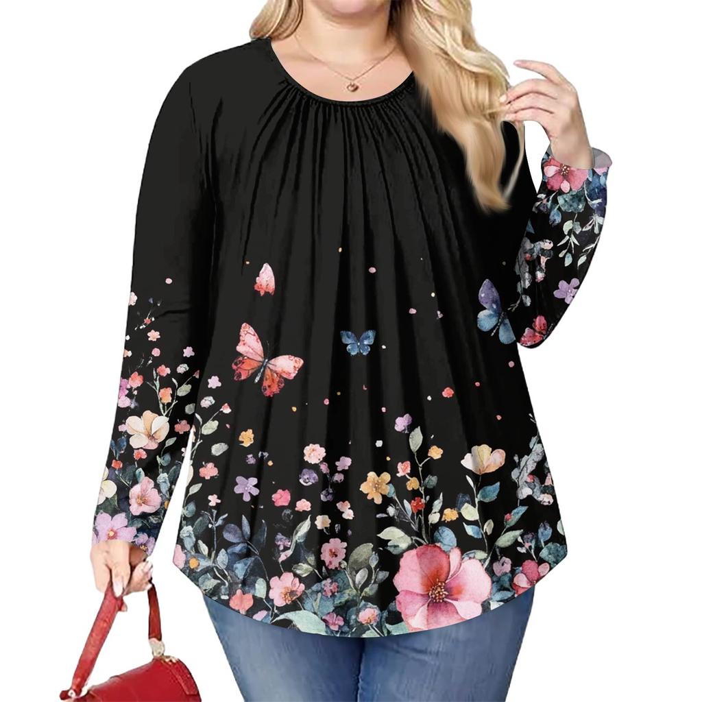 Women's Plus Size Fashion Printed Casual Pleated Round Neck Long Sleeve Top