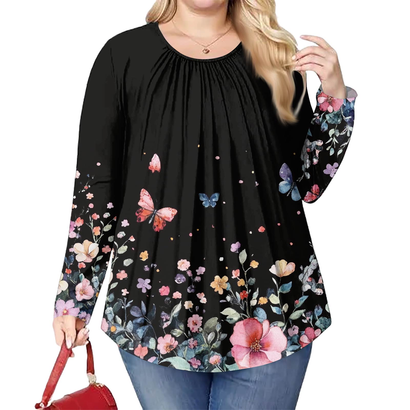 

Женский модный топ большого размера с принтом, повседневный плиссированный, с круглым вырезом и длинными рукавами XXXL розовый