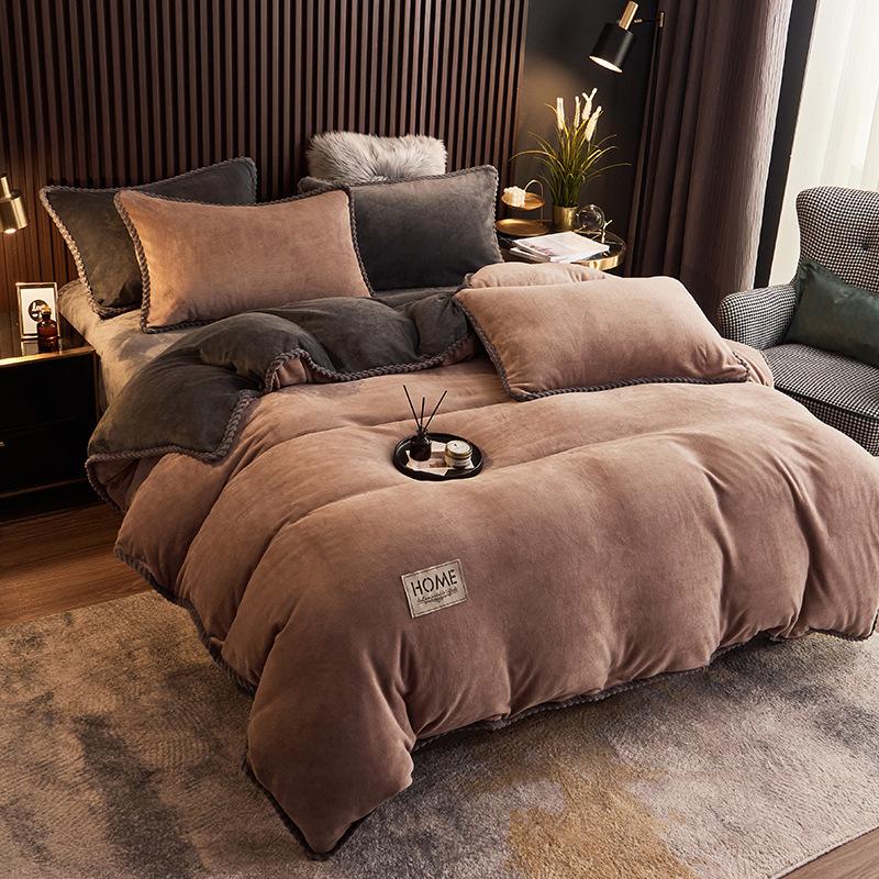 Thickened milk fleece four-piece set crystal fleece thermal bed sheet double-sided fleece quilt cover solid color