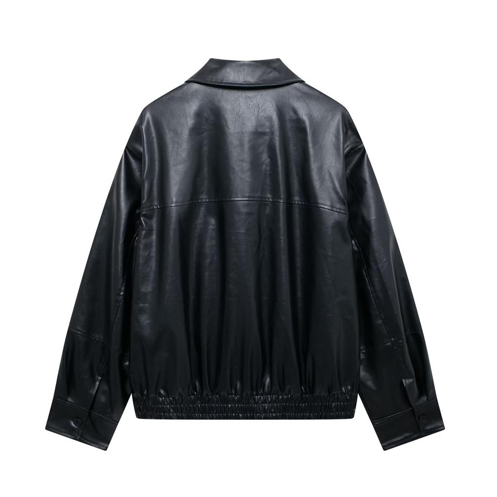 Autumn New Women's Clothing, European and American French Design Imitation Leather Bomber Jacket
