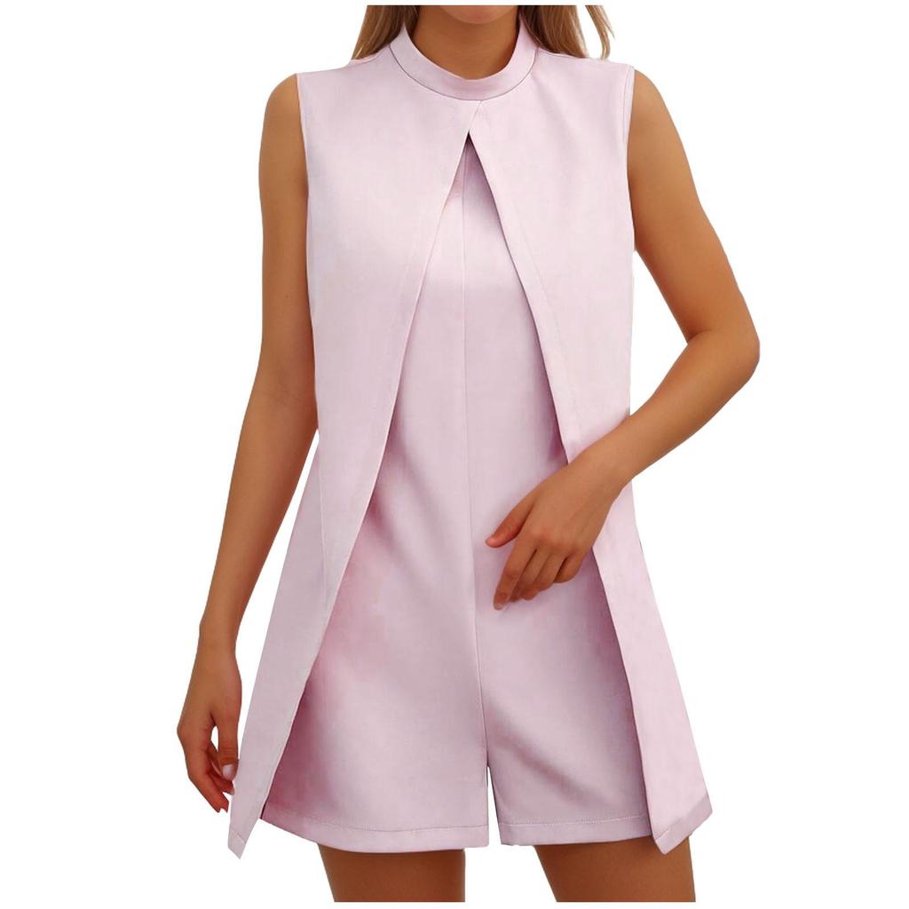 Combinaison courte sans manches à col rond pour femme, couleur unie