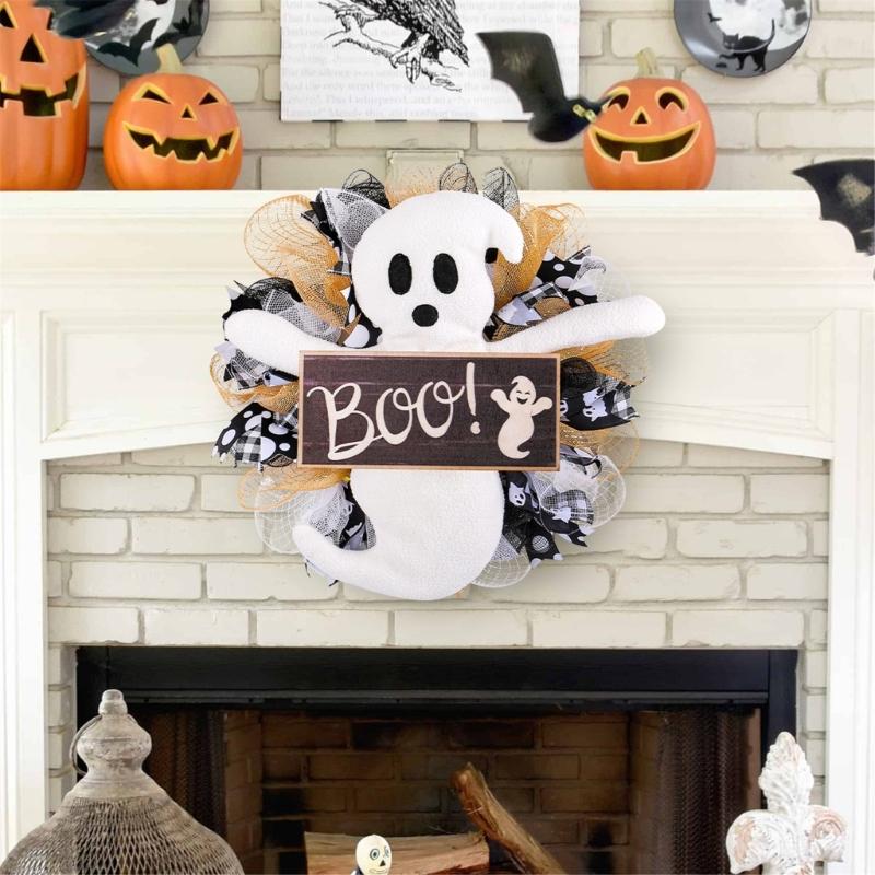 Specter Wood Sign for Halloween Colorful Flower Wreath Festives Window and Wall Decoration Waterproof Door Ornament