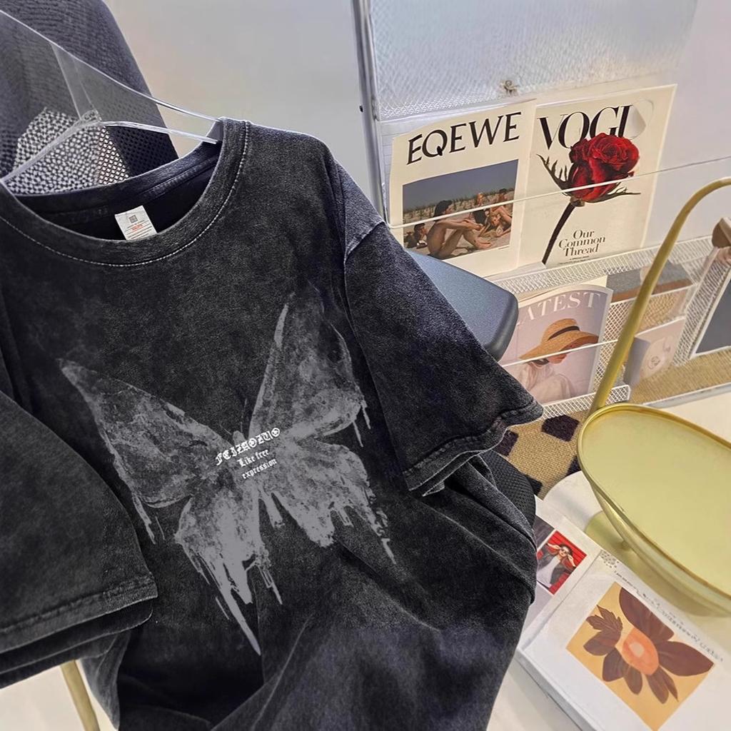 Cotton washed old t-shirt men's and women's spring and summer retro butterfly printing short-sleeved American trend high street couple t-shirt