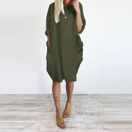 Spring Summer Dress Oversized Knee Length Long Sleeves Pure Color Round Neck Baggy Midi Dress for Daily Wear Dating Travel