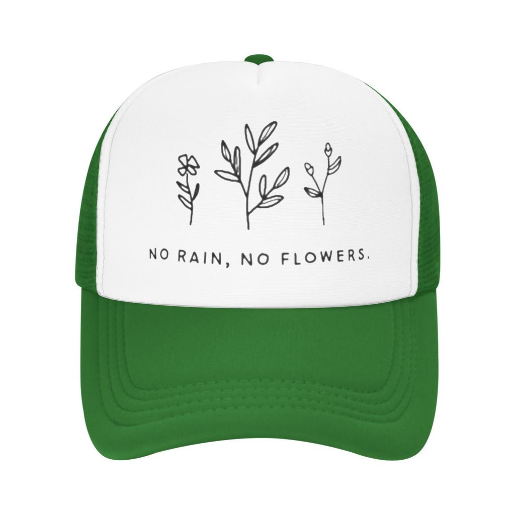 No Rain No Flowers Graphic Trucker Hat Minimalist Floral Design Breathable Mesh Baseball Cap Unisex Casual Adjustable