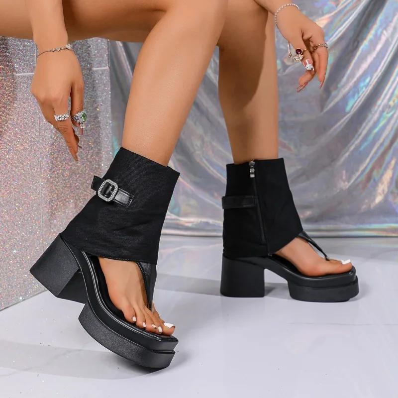 2025 Summer New Women's Cover Heel Sandals Outdoor Buckle Chunky Heels Side Zip Ankle Boots Women Platform Modern Thong Sandals