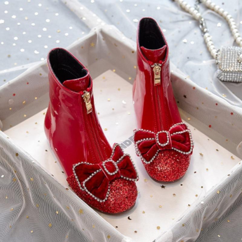 Girls Boots Children's Spring and Autumn Single Boots Baby Boots Winter Plus Velvet Leather Boots Princess Crystal Short Boots