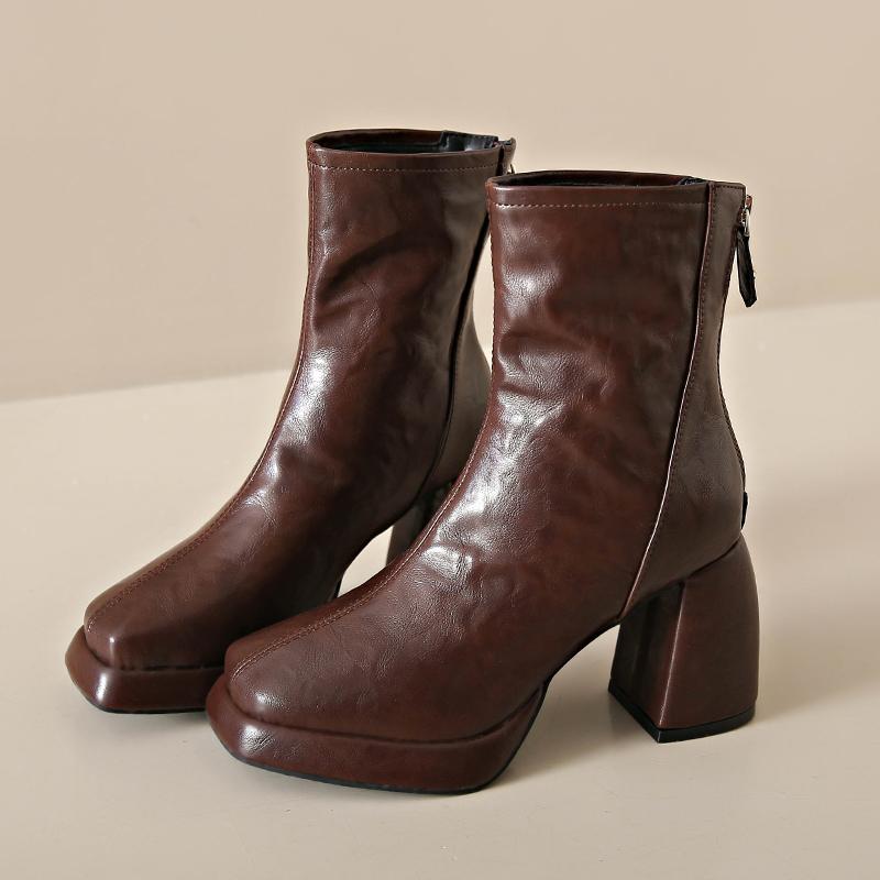 Fashion Retro Square Head Sheepskin Block Heel Booties Women's Back Zipper Platform High Heel Skinny Boots Fall Winter New