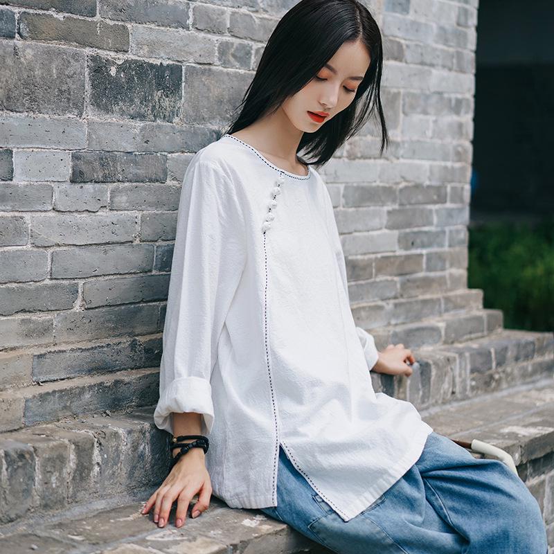 Spring 2026 Women's Artistic Retro Cotton Linen Long Sleeve Top with Handmade Frog Button