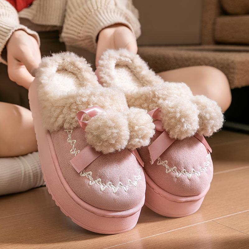Cotton shoes cute hairball 2025 new non-slip thick-soled plush winter cotton slippers household warm plush shoes