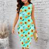 Women Plus Size Crew Neck Sleeveless Midi Dress Cyan Background Sunflower Allover Print Bodycon Dress