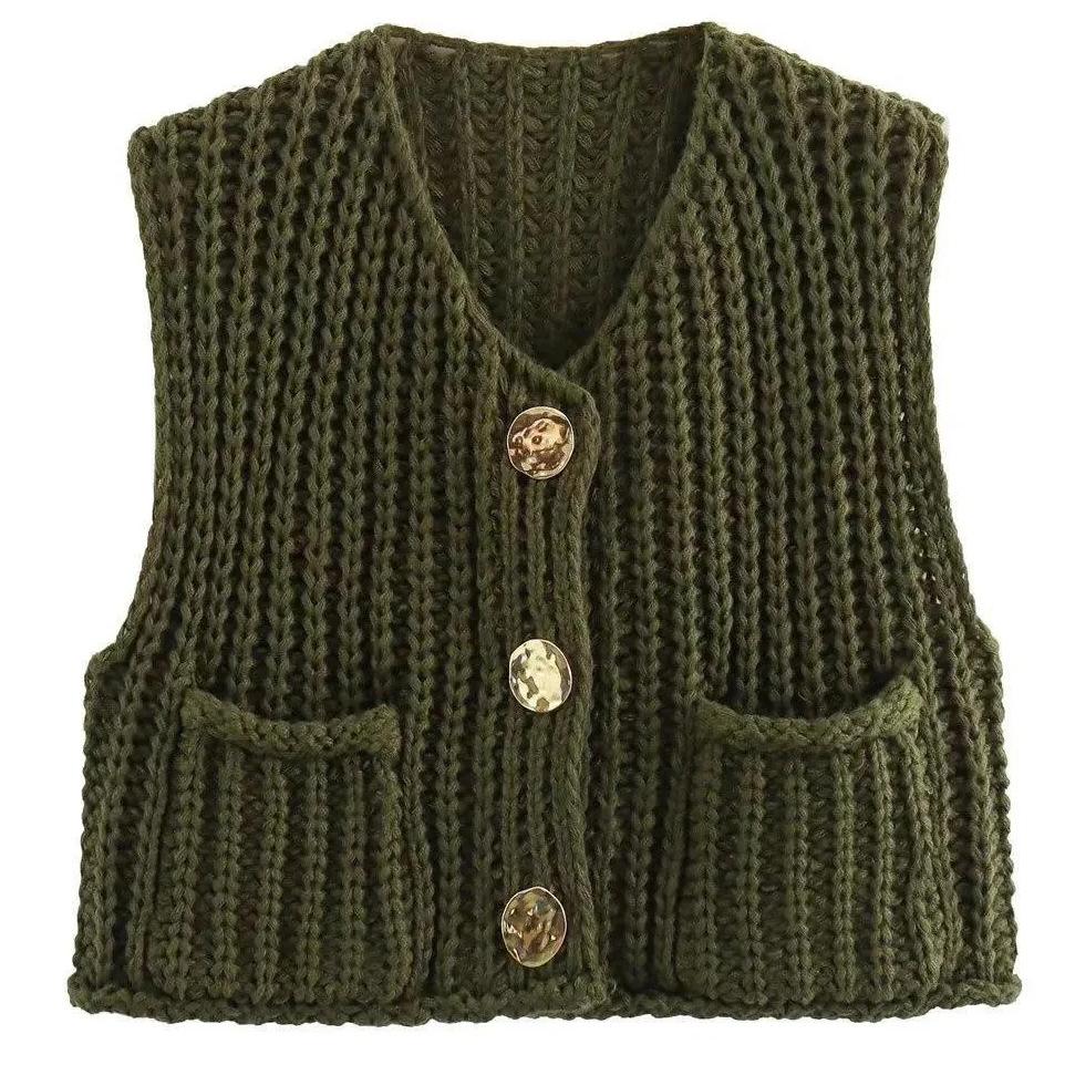 11 Colors 2025 Autumn Cross-border New Vest, Thick Stick Needle Three-button Pocket V-neck Knitted Sleeveless Cardigan Vest