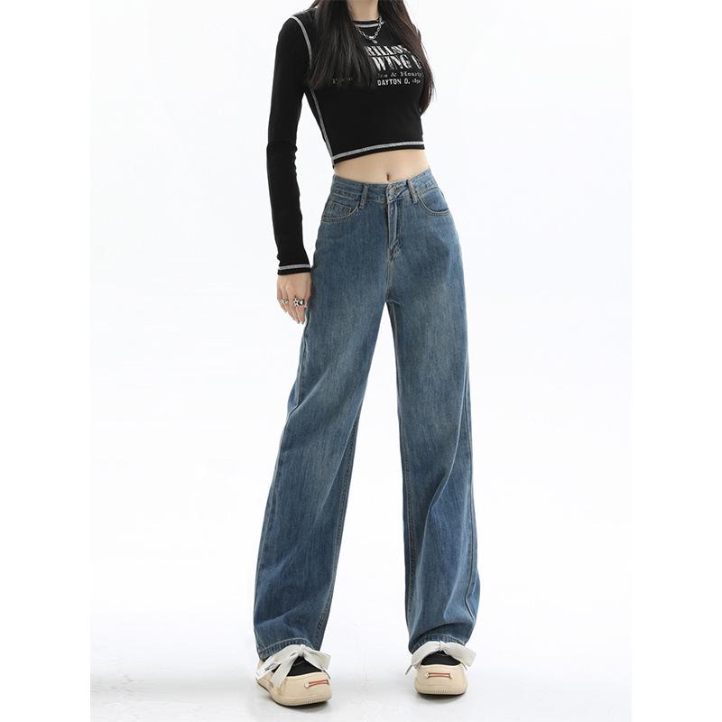 Women's Retro Blue Wide-Leg Fleece-Lined High-Waist Jeans - Plus Size, Floor-Length, Autumn/Winter 2024
