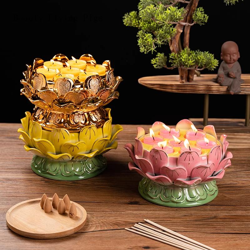 1PCS Ceramic Gold Thread Lotus Candle Holder Household Butter Lamp Buddha Front Seven Star Lamp Holder