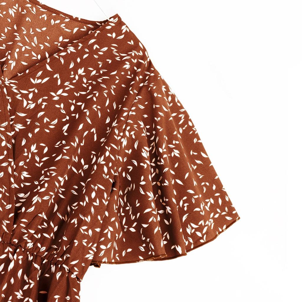 Women's Fashionable Plus Size Floral Print V-neck Short Sleeved High Waisted Loose Dress