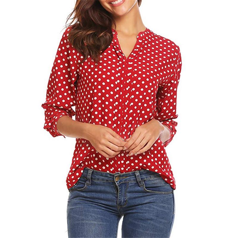 Dot Print V-neck Long Sleeved Loose Women's Blouses & Shirts