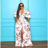 Spring and Summer New European and American Women's Clothing Sexy V-neck Waist Printing Bubble Sleeve Split Dress Long Dress