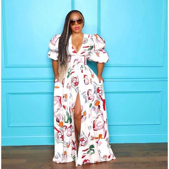Spring and Summer New European and American Women's Clothing Sexy V-neck Waist Printing Bubble Sleeve Split Dress Long Dress