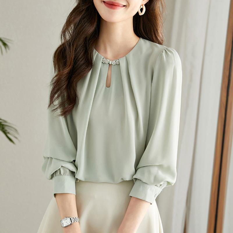 Camicia Nera in Chiffon Taglie Forti da Donna Primavera Maniche Lunghe Bluse Top Stile Coreano Camicie Larghe