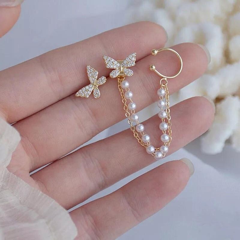 925 Silver Zircon Butterfly Pearl Chain Tassel Earrings with Ear Bone Clip