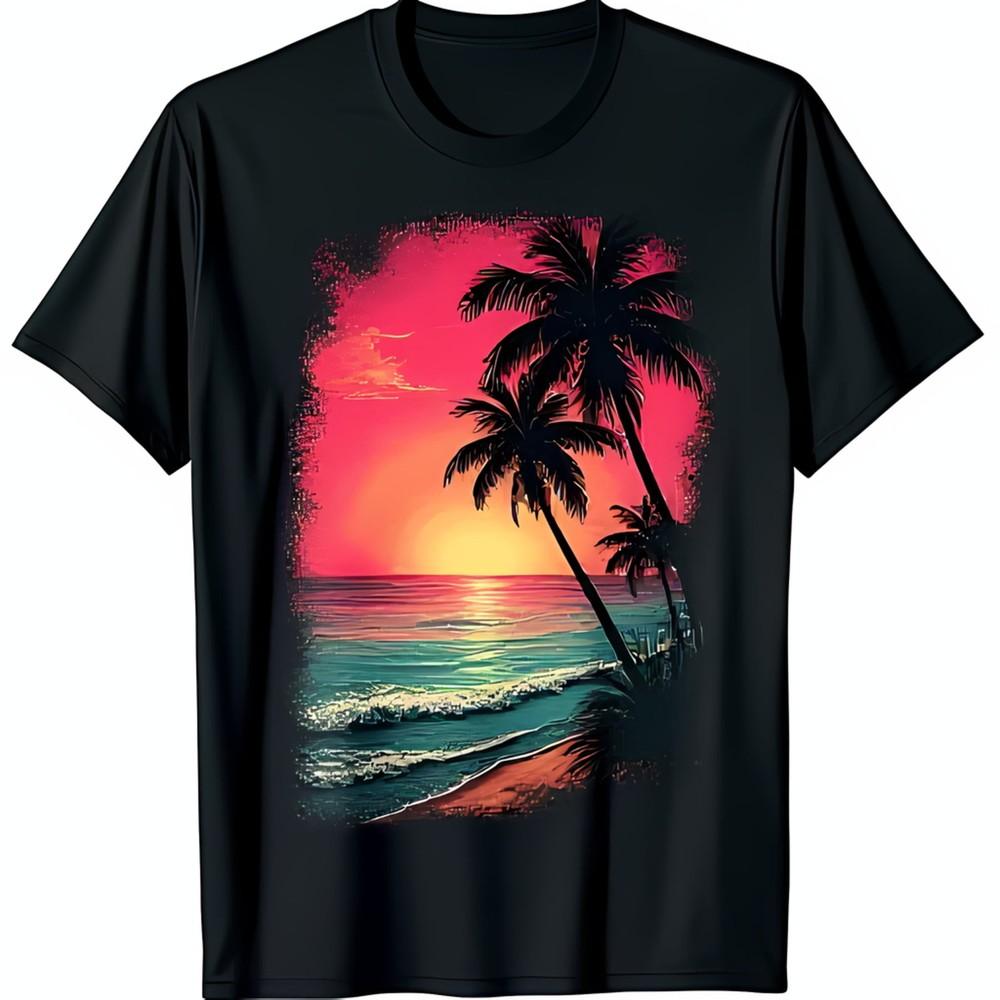 Black Tshirt With Vibrant Tropical Sunset Graphic Trees Ocean Design S