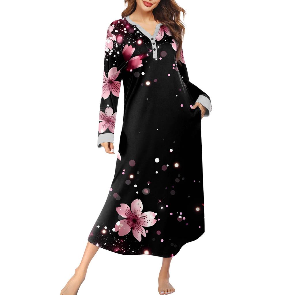 Damen Nachthemd Mode Bedruckter Langer Hausmantel V-Ausschnitt Pyjama Mit Taschen Kleid