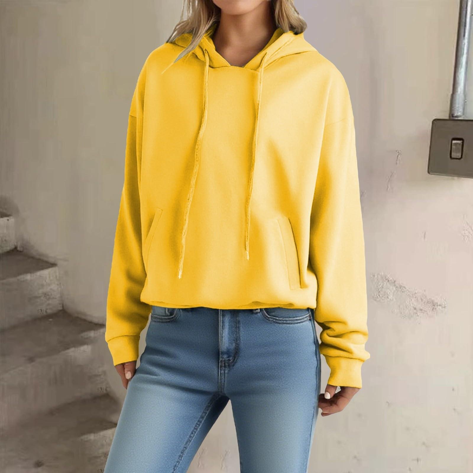 

Женский свободный пуловер с длинными рукавами, кулиской и карманом, худи с капюшоном, однотонный XL жёлтый