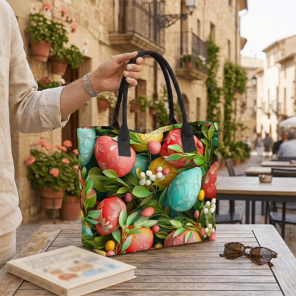 Easter Egg Print Tote Bag Casual Portable Large Capacity Shoulder Handbag for Holiday Shopping