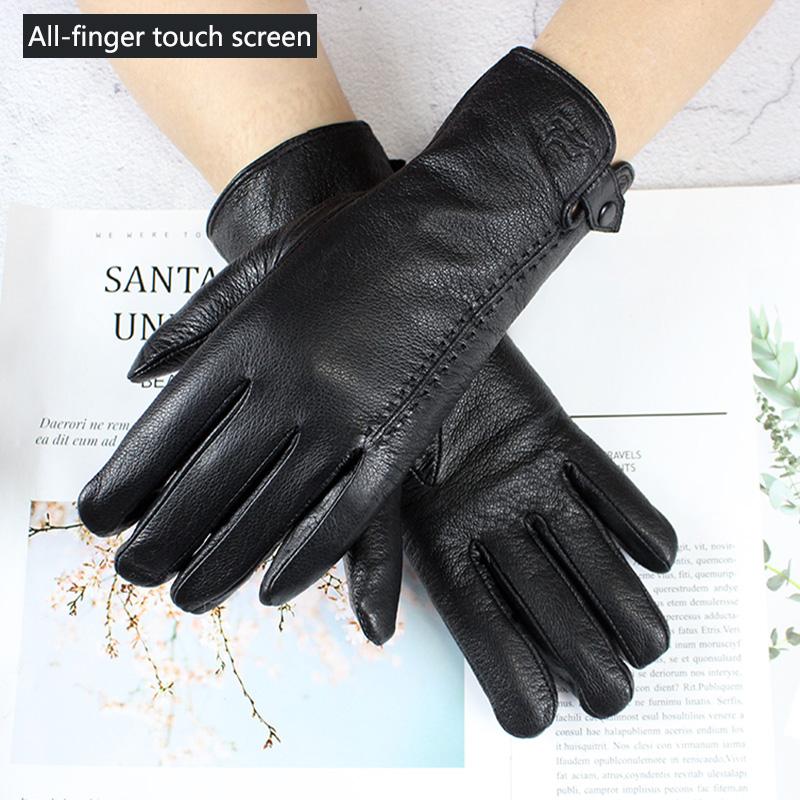 Goatskin Deerskin Grain Leather Gloves Women's Fashion Simple Style Velvet Lining Autumn Winter Warm Motorcycle Riding Glove