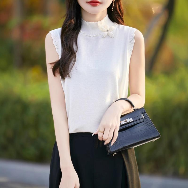 

Женская весенняя трикотажная жилетка с лепестками из бисера и высоким воротом, без рукавов, внутренняя и внешняя шерстяная футболка, топ XL белый