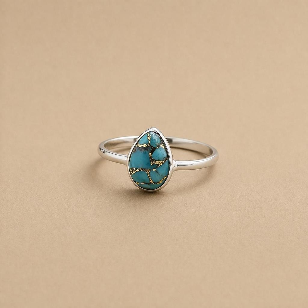 Blue Copper Turquoise Pear Ring 7x10mm, 925 Sterling Silver Statement Ring, Handmade Gemstone Jewelry