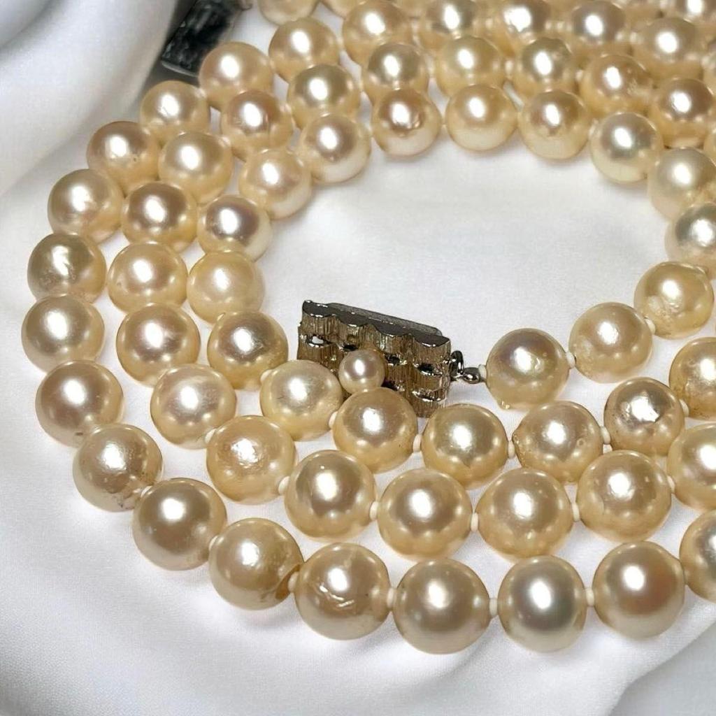 Used Akoya Pearl Pearl Long Necklace 2 Strands of Pearls Semi-Baroque 8.3mm Total Length 79cm Silver Engraved Pearl Necklace