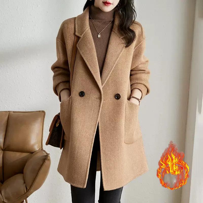 

2026 New Women s Woolen Coat Autumn Winter Korean Style Thickened Mid-Length Houndstooth Overcoat Quilted Thickening 4XL хакі