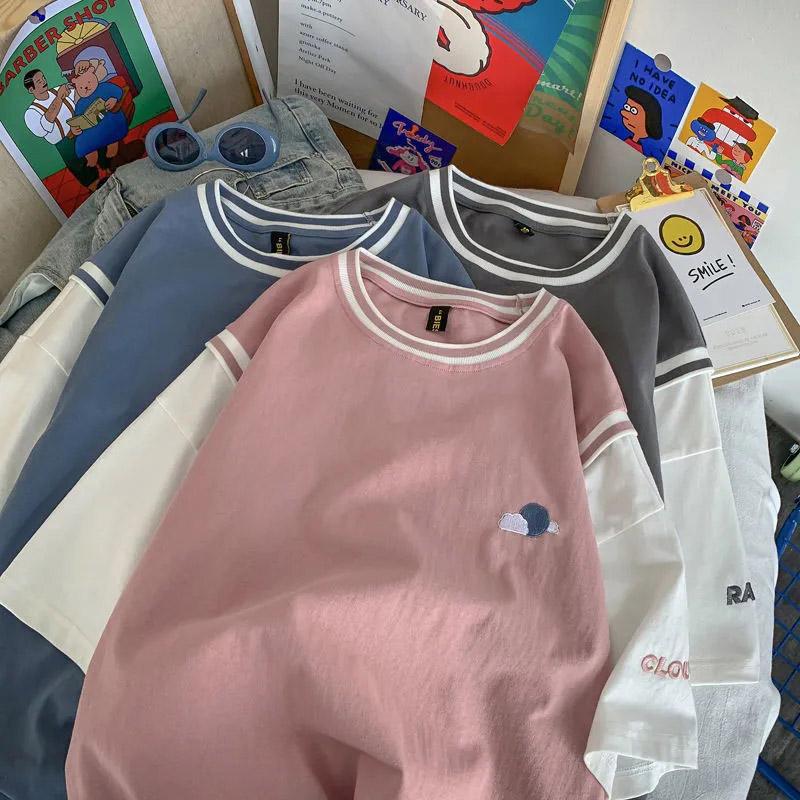 Tops Frauen Baumwolle Sommer Rundhals T-shirt kurzarm Lose Gedruckt Gefälschte Zwei Lose Bequeme Tops