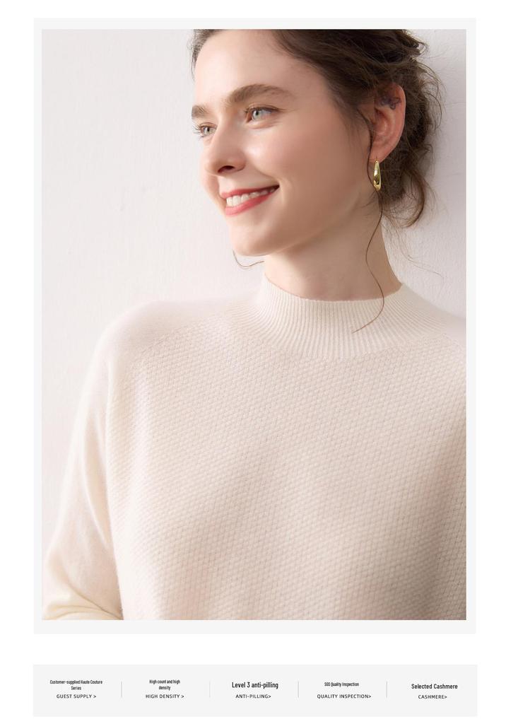 Women's Pure Cashmere Half-High Neck Sweater - Versatile Long Sleeve Knit Pullover