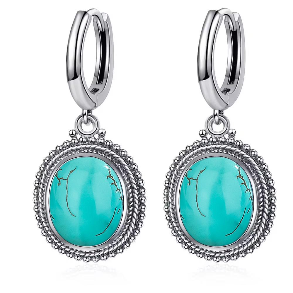 Vintage 925 Silver Natural Labradorite Earrings with Blue Light 10*12mm Big Stone Hoop Earrings Fine Jewelry for Women