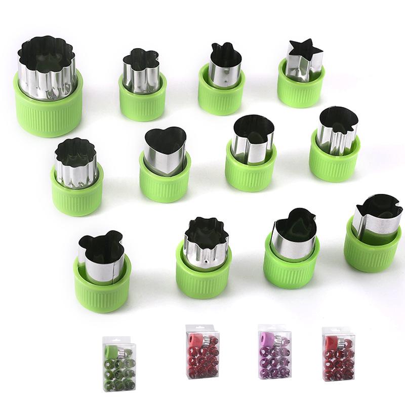 12-Piece Stainless Steel Cookie Cutter Set: Includes Hand Guard, Bow Tie, Vegetable, Animal, Cartoon, Fruit, and Flower Shapes for Home Use.