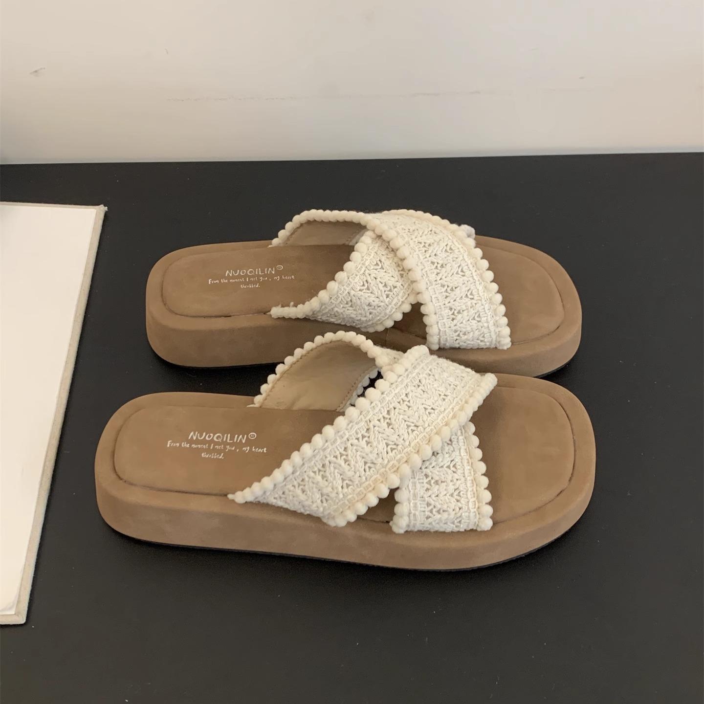 

Bohemian platform slippers women s summer wear new cross-strap woven sandals seaside vacation wind beach sandals 35