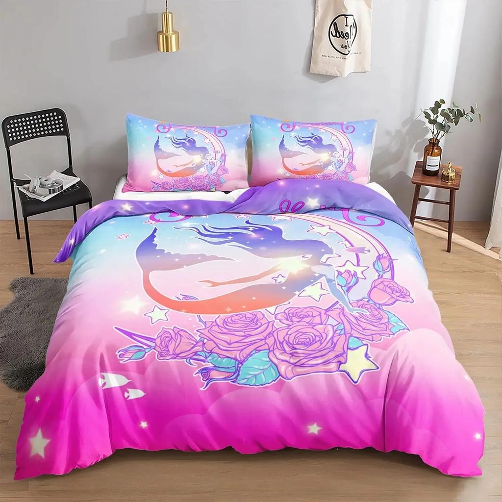 Mermaid Duvet Cover Set,Starfish Blue Undersea Style Dreaming Fairy Tale Bedding Set Girly Comforter Cover Bedroom Decor Gifts