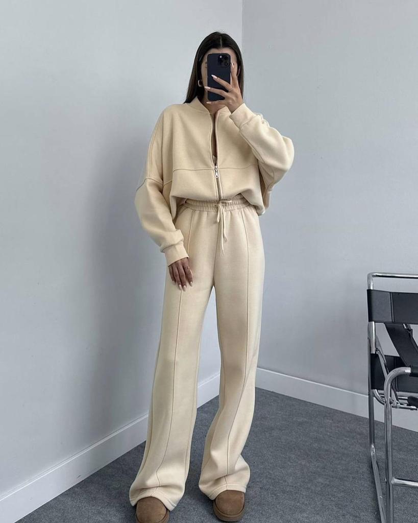 Women's Grey Cropped Zipper Hoodie and Loose Fit Sweatpants Casual Lounge Set