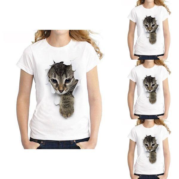 Bella T-shirt con Stampa di Gatto, Vestibilità Aderente e Decorazione con Uovo di Legno di Pasqua