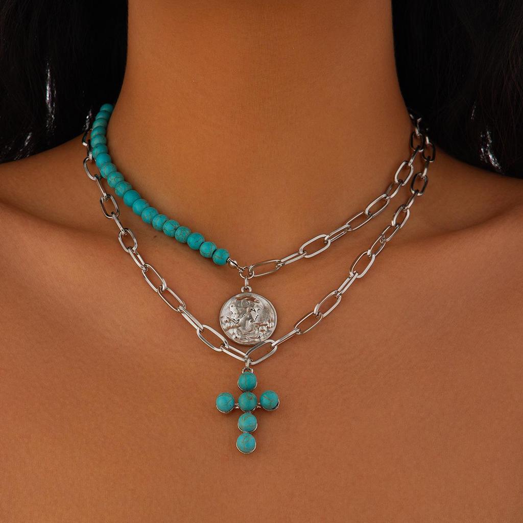 European-American Multilayer Turquoise Necklace with Star Alloy Geometric Design
