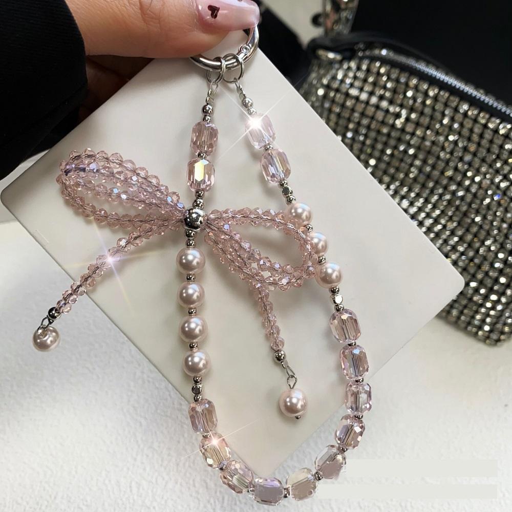Y2K Pink Ribbon Bowknot Pearls Bag Pendant Charm Keychain Elegant Beaded Keyring Sweet Key Chains Phone Key Bag Hangings