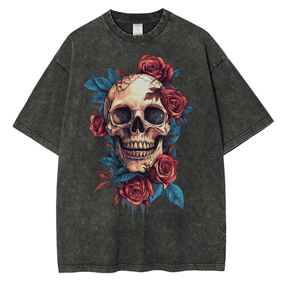 Heavyweight Cotton T Shirts Realistic Skull Graphic Disssed