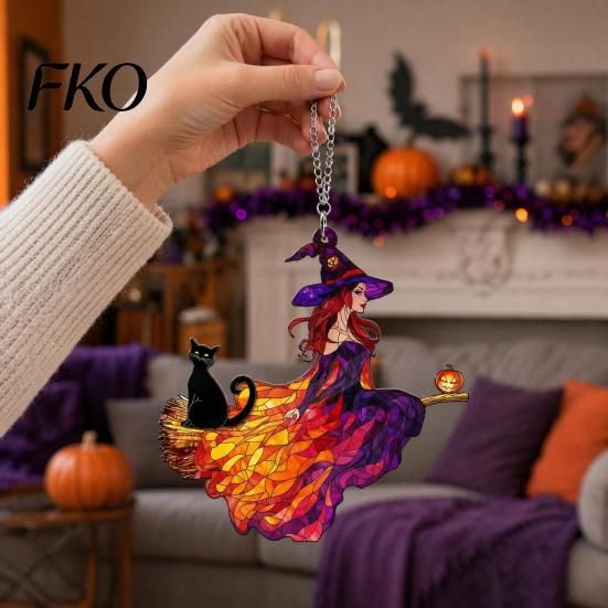 Broom Witch Acrylic Ornament Vintage Halloween Cat Decoration, Window Hanging Ornaments, Colorful Decoration Rustic Farmhouse Tree Decor, Party