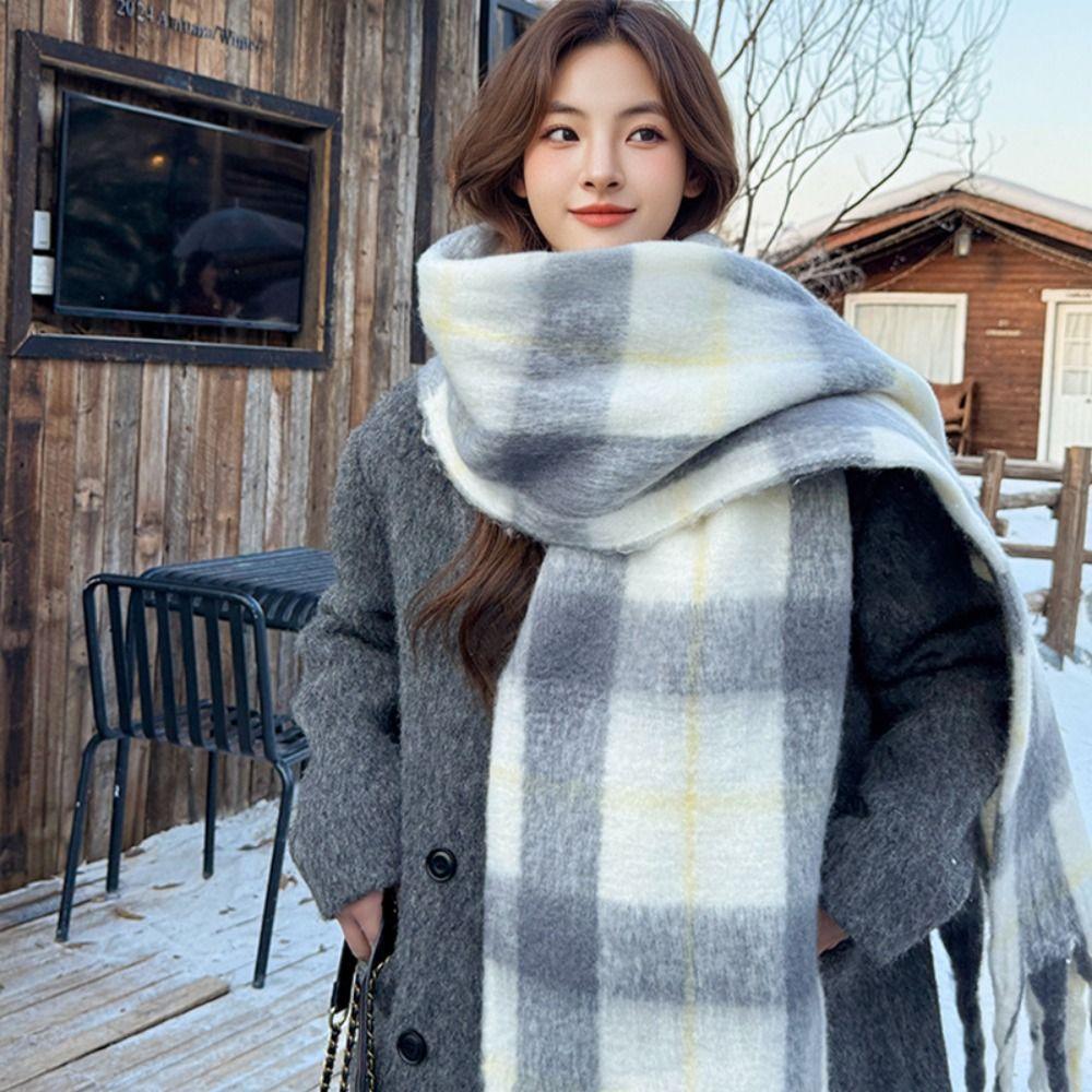 Checkered Wool Tassel Scarf Coldproof Women Shawl Fashion Winter Cashmere Scarves  Cold Weather