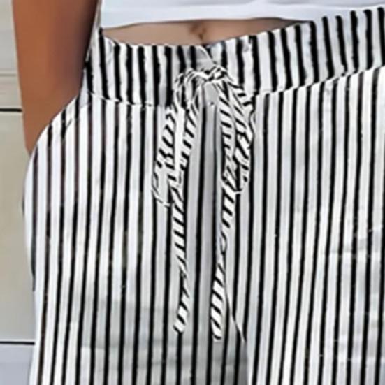 Women Harem Pants Adjustable Elastic Waistline Striped Print Boho Pants with Pockets Lightweight Breathable Casual Trousers